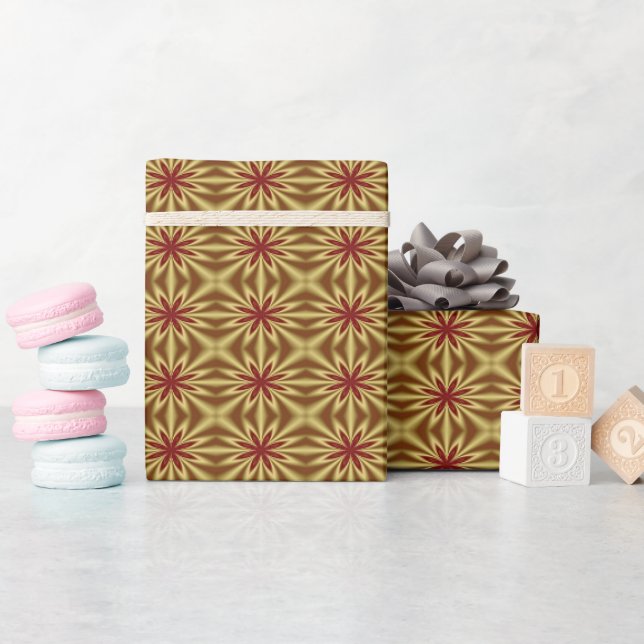 Papel De Presente Padrão Floral Abstrato Dourado e Vermelho (Chá de bebê)