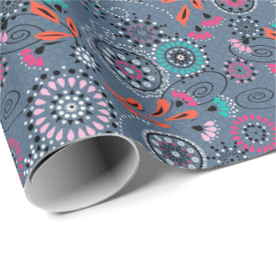 Papel De Presente Padrão floral abstrato folclórico étnico cinza azu