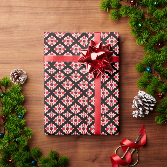 Papel De Presente Padrão Floral Abstrato Vermelho e Branco (Presente de Natal)