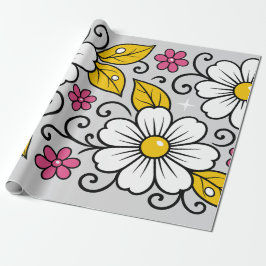 Papel De Presente Padrão Floral Alegre com Contornos Ousados