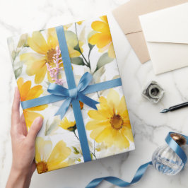 Papel De Presente Padrão Floral Amarelo Suave Aquarela Margarida Bra