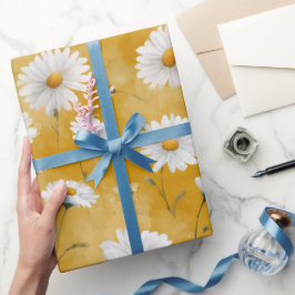 Papel De Presente Padrão Floral Amarelo Suave Aquarela Margarida Bra