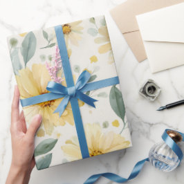 Papel De Presente Padrão Floral Amarelo Suave Aquarela Margarida Bra