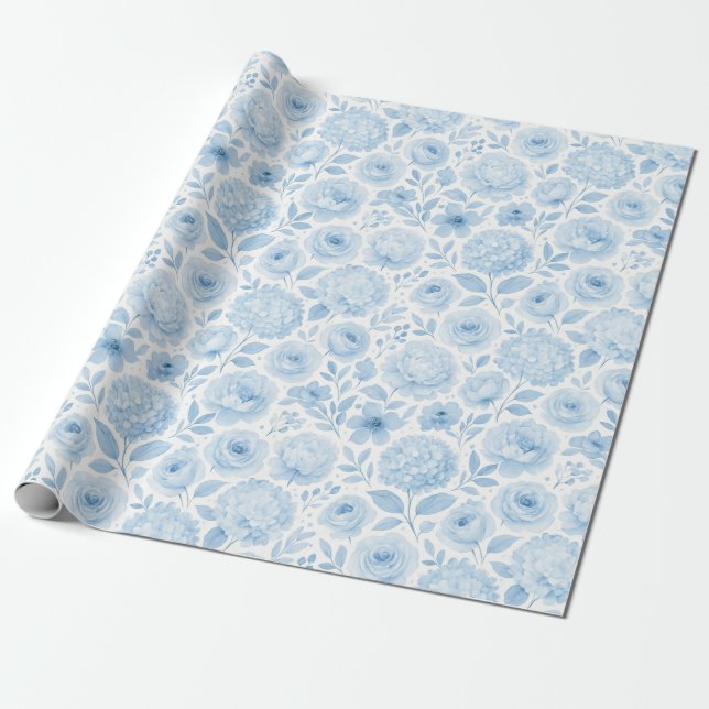 Papel De Presente Padrão Floral Aquarela Azul Branco (Desenrolado)