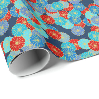 Papel De Presente Padrão floral Art Deco - azul, turquesa e vermelho
