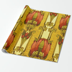 Papel De Presente Padrão Floral Art Nouveau Vintage de Tulipa Vermel