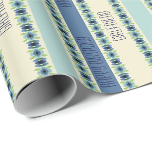 Papel De Presente Padrão Floral Artístico em Azul