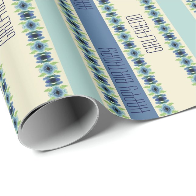 Papel De Presente Padrão Floral Artístico em Azul (Ponta do rolo)