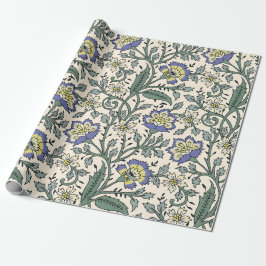 Papel De Presente Padrão floral azul, amarelo e branco contínuo