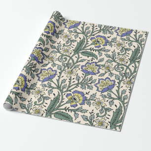 Papel De Presente Padrão floral azul, amarelo e branco contínuo