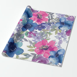 Papel De Presente Padrão floral azul, aquarela artística