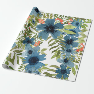 Papel De Presente Padrão Floral Azul, Aquarela Artística