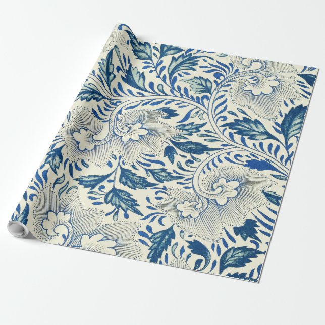 Papel De Presente Padrão Floral Azul Design Asiático Antiquado (Desenrolado)