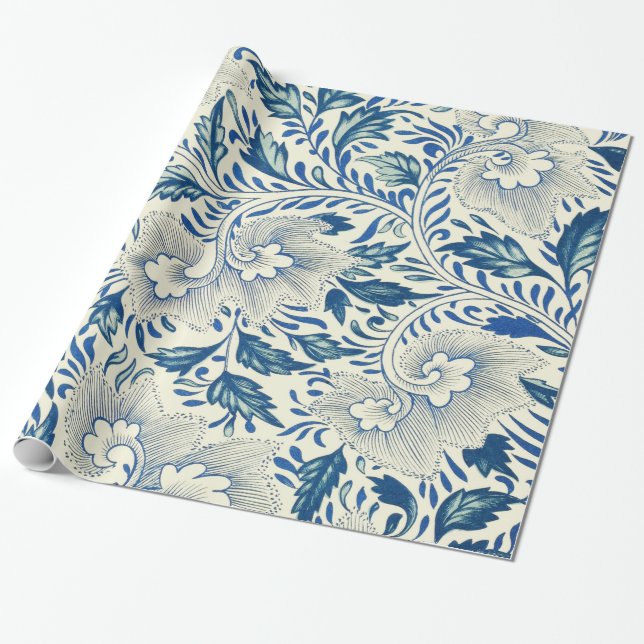 Papel De Presente Padrão Floral Azul Design Asiático Antiquado (Desenrolado)