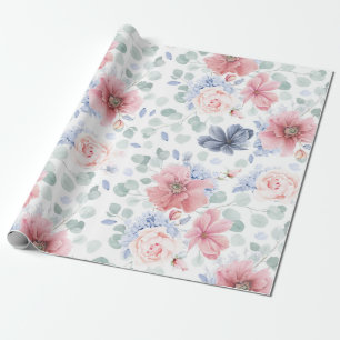 Papel De Presente Padrão Floral Azul Dusty Rosa Elegante