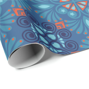 Papel De Presente Padrão floral azul e laranja contínuo