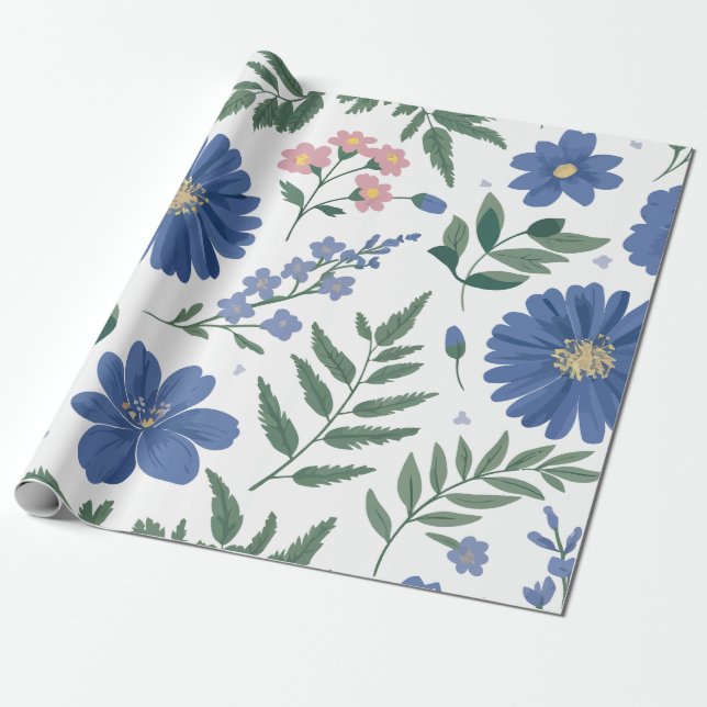 Papel De Presente Padrão Floral Azul Elegante com verde fresco (Desenrolado)