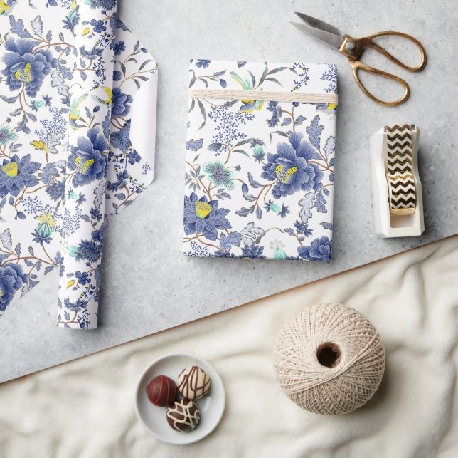 Papel De Presente padrão floral azul empoeirado (Artesanato)