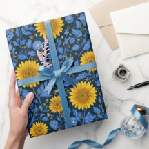 Padrão Floral Azul Girassol Amarelo Vintage