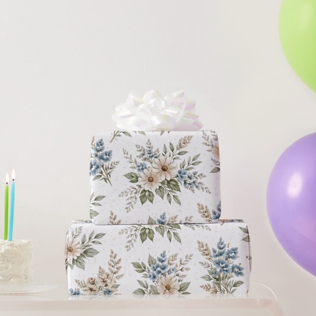 Papel De Presente Padrão Floral Azul Marfim de Prado (Presentes para festas)
