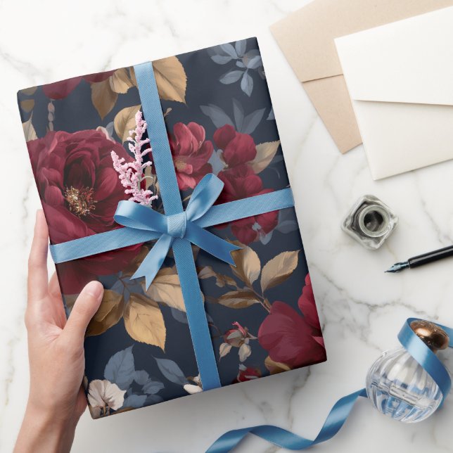 Papel De Presente Padrão Floral Azul Marinho Rosa Burgundy Elegante (Presentear)