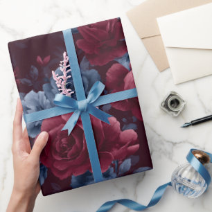 Papel De Presente Padrão Floral Azul Marinho Rosa Burgundy Elegante