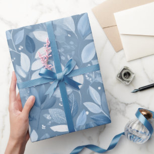 Papel De Presente Padrão Floral Azul Suave Escandinavo Branco Folha