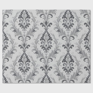 Papel De Presente Padrão Floral Barroco em Cinza Prata Damask