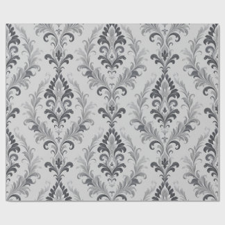 Papel De Presente Padrão Floral Barroco em Cinza Prateado Damask