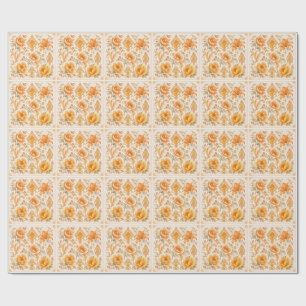Papel De Presente Padrão Floral Barroco Vintage – Laranja Quente /Do