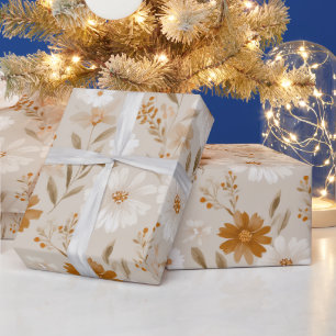 Papel De Presente Padrão Floral Bege Boho Terra Daisy