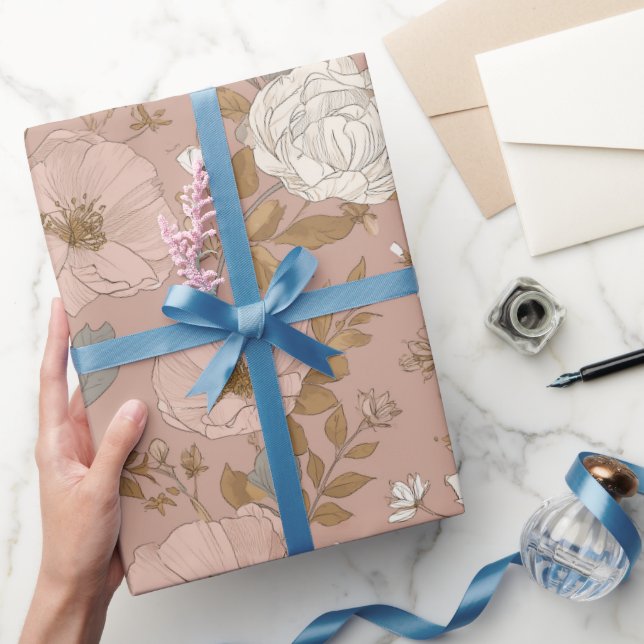 Papel De Presente Padrão Floral Bege Flor Boho Rosa Empoeirado (Presentear)