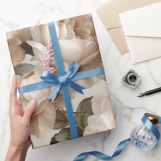 Papel De Presente Padrão Floral Bege Rosa Branco Suave (Presentear)