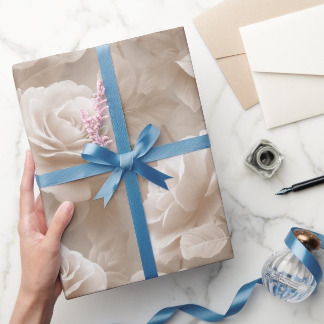 Papel De Presente Padrão Floral Bege Rosa Creme Romântico (Presentear)