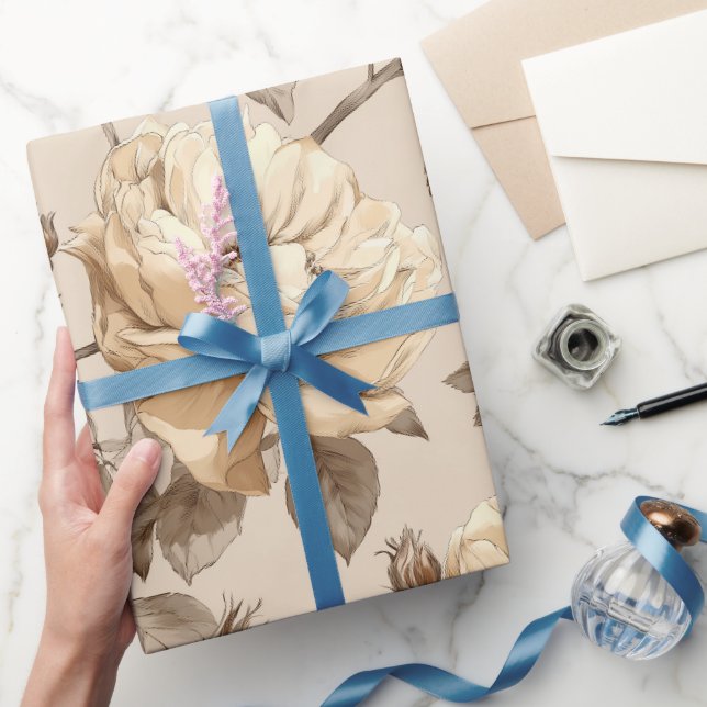 Papel De Presente Padrão Floral Bege Rosa Creme Romântico (Presentear)