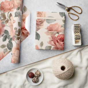Papel De Presente Padrão Floral Bege Rosa Suave Aquarela