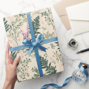 Papel De Presente Padrão Floral Bege Verde Botânico de Samambaia