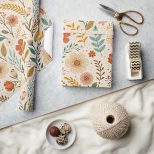 Papel De Presente Padrão Floral Boho em Tons de Outono