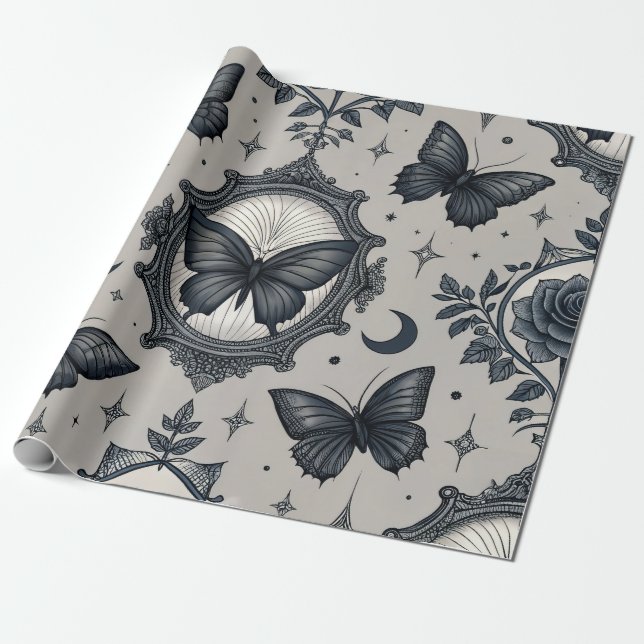 Papel De Presente Padrão Floral Borboleta Gótica (2) (Desenrolado)