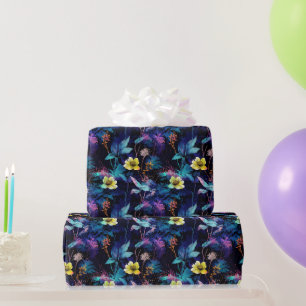 Papel De Presente Padrão Floral Botânico Neon à Meia-Noite