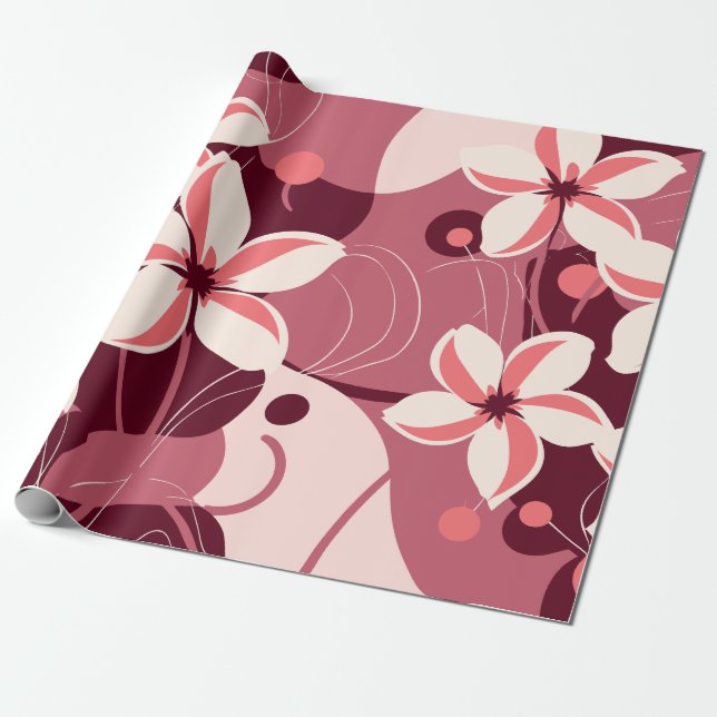Papel De Presente Padrão Floral Branco Creme e Rosa Pêssego (Desenrolado)