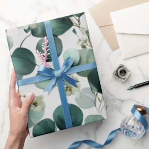 Papel De Presente Padrão Floral Branco de Eucalipto Verde Botânico