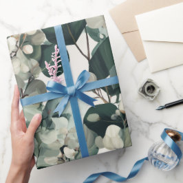 Papel De Presente Padrão Floral Branco de Eucalipto Verde Botânico