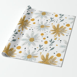 Papel De Presente Padrão Floral Branco e Amarelo