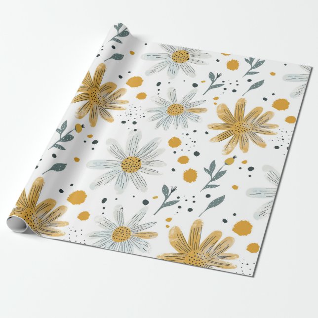 Papel De Presente Padrão Floral Branco e Amarelo (Desenrolado)