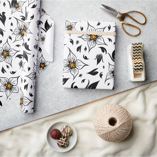 Papel De Presente Padrão Floral Branco e Preto Botânico Elegante