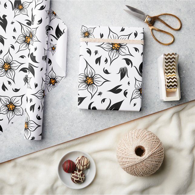 Papel De Presente Padrão Floral Branco e Preto Botânico Elegante (Criador carregado)