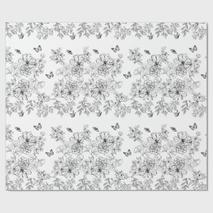 Papel De Presente Padrão Floral Branco e Preto Minimalista Moderno