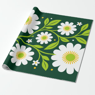 Papel De Presente Padrão Floral Branco Elegante com Folhas Verdes
