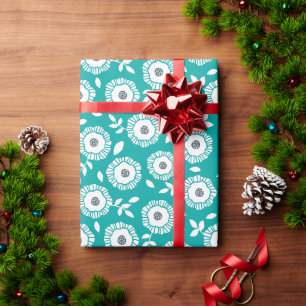 Papel De Presente Padrão floral branco em fundo turquesa